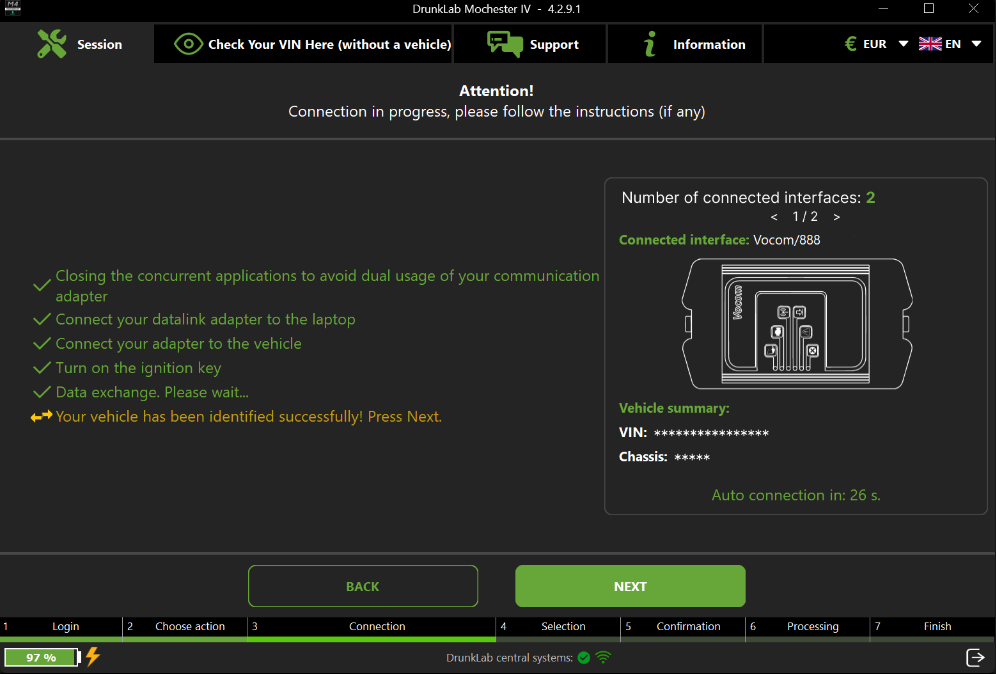 Identification of diagnostic adapter and vehicle detection on Mochester App screen